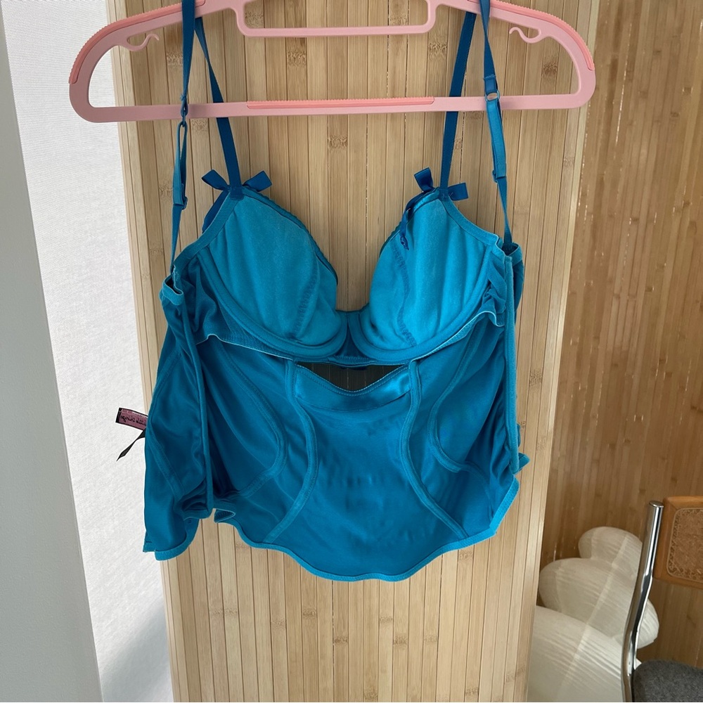 victoria’s secret bustier-shiny satin turquoise aqua blue ruffle lace vintage - Picture 5 of 10